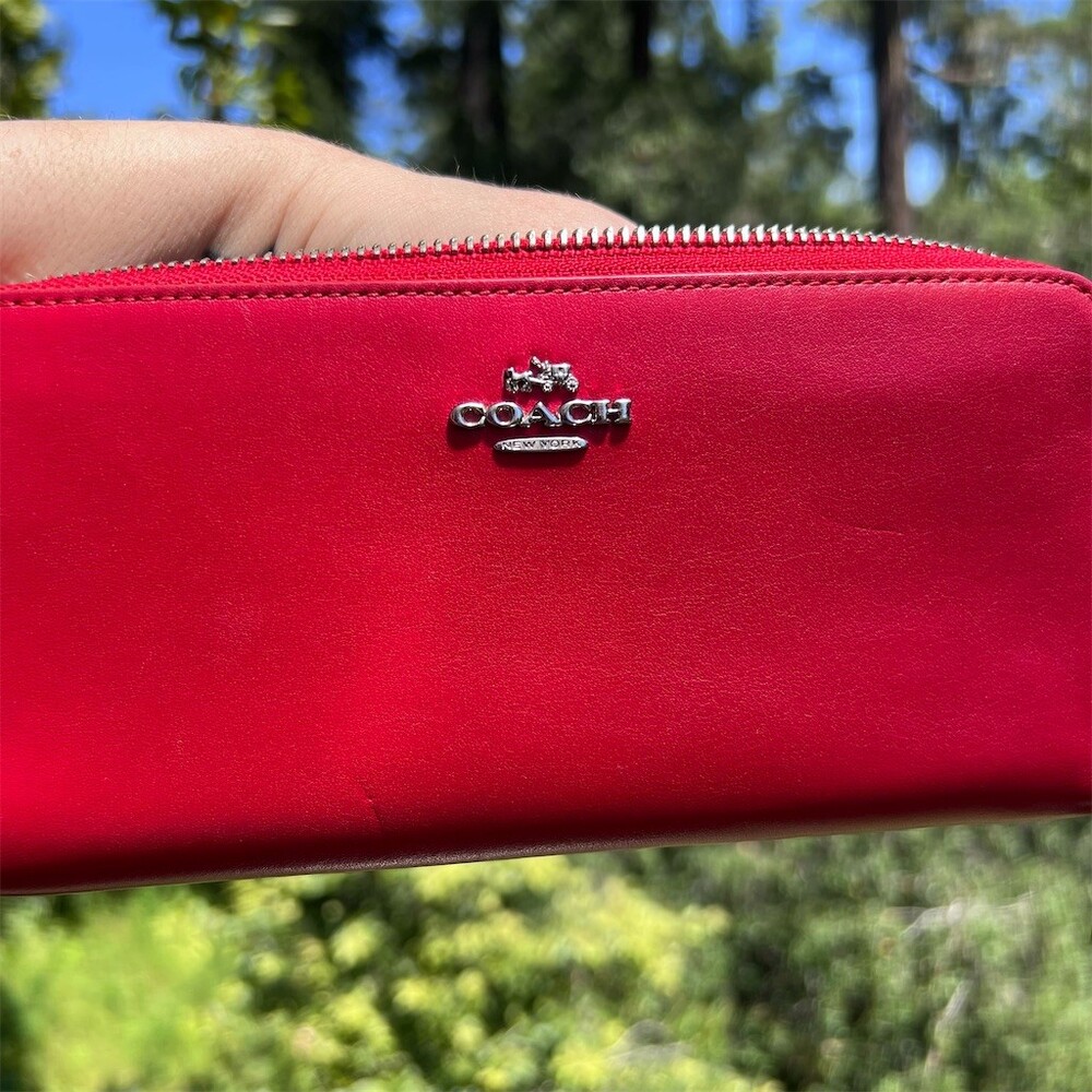 COACH Long Zip-Around Wallet Smooth Calf Leather RED w Silver Hardware AUTHENTIC - Picture 7 of 14